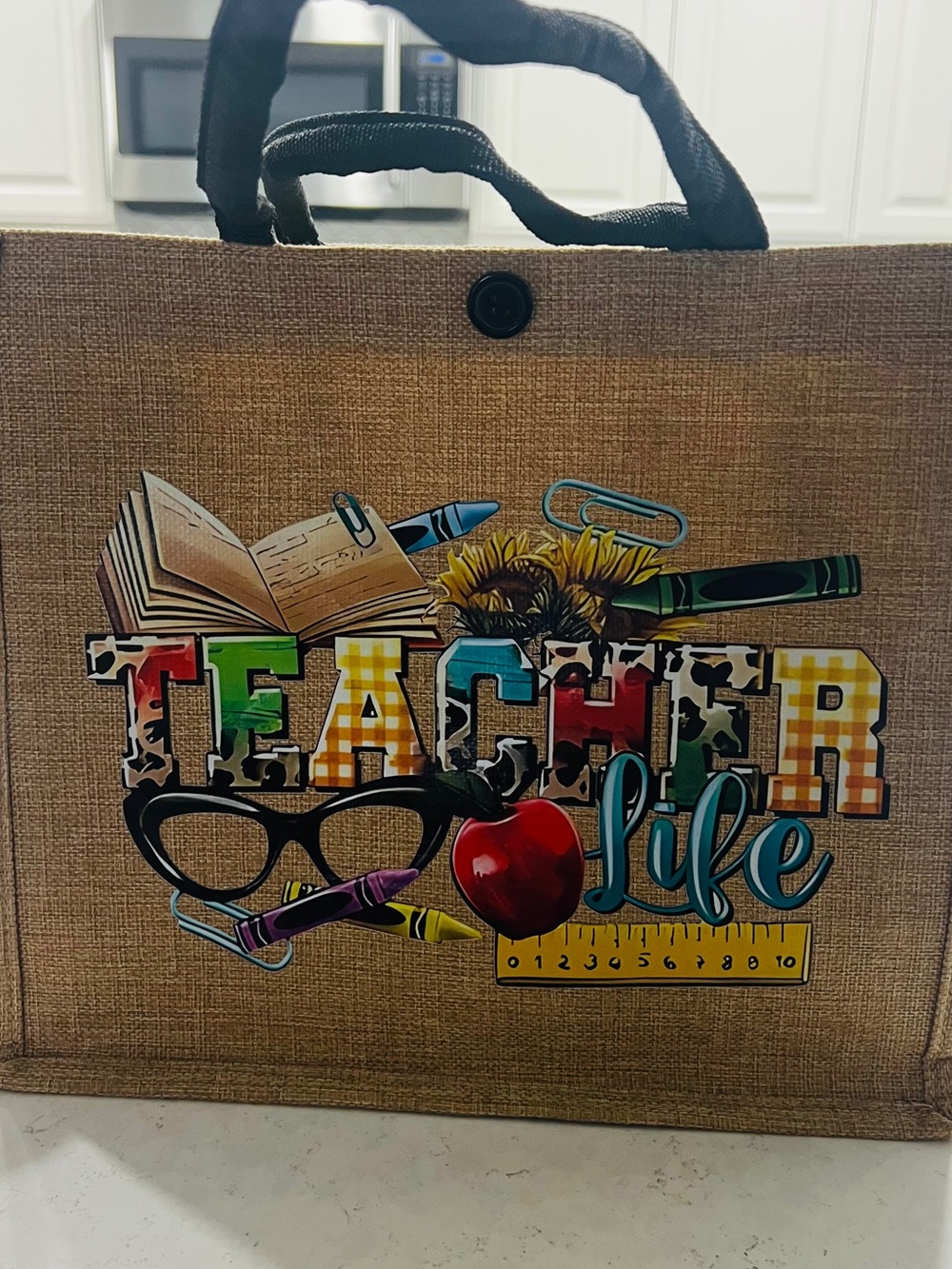 Teacher Life Jute Tote Bag with Colorful School Graphics